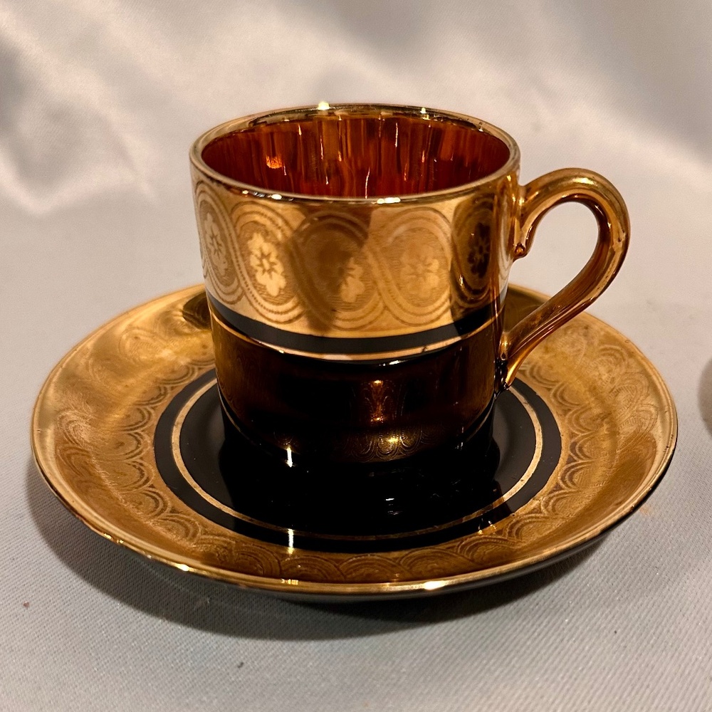 Art Deco Sevres Black and 24k Gold Demitasse Coffee Cup and Saucer